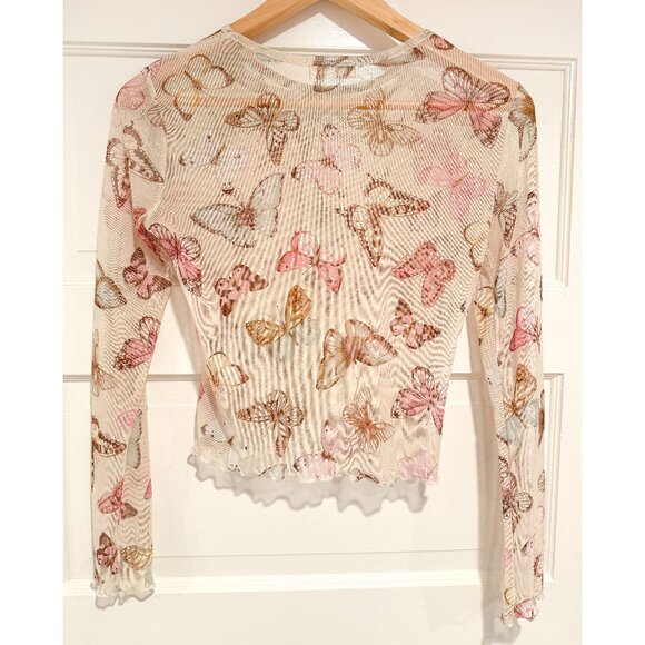 Altar'd State Butterfly Mesh Long Sleeve Brown / Pink Top Sz S - Picture 2 of 3